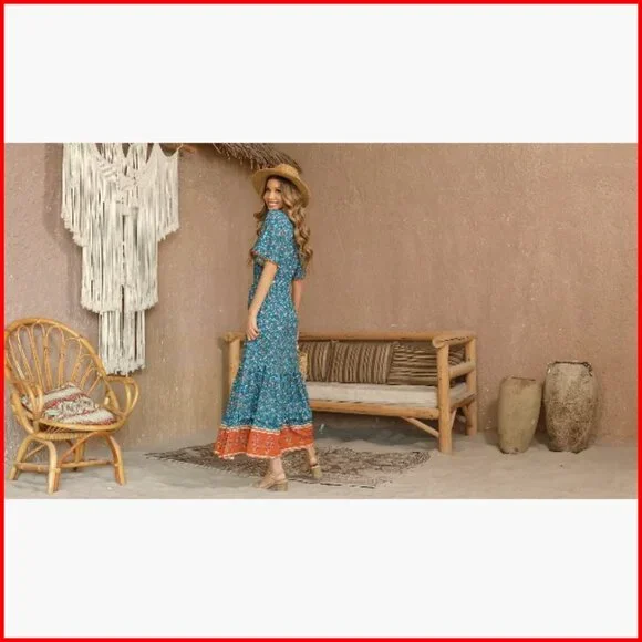 Summer Midi Dress V-Neck Short Sleeve Floral Print Bohemian Casual - Picture 7 of 7